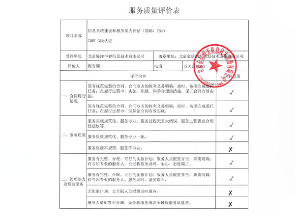 北京金信潤(rùn)天信息技術(shù)股份有限公司服務(wù)質(zhì)量評(píng)價(jià)表